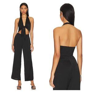 NEW SNDYS Aura Plunge Tie Front Cut Out Halter Jumpsuit Black Women's XS